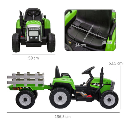 HOMCOM Electric Tractor for Children 3-6 Years with Removable Trailer, 12V Battery and Remote Control, Green - Borgè