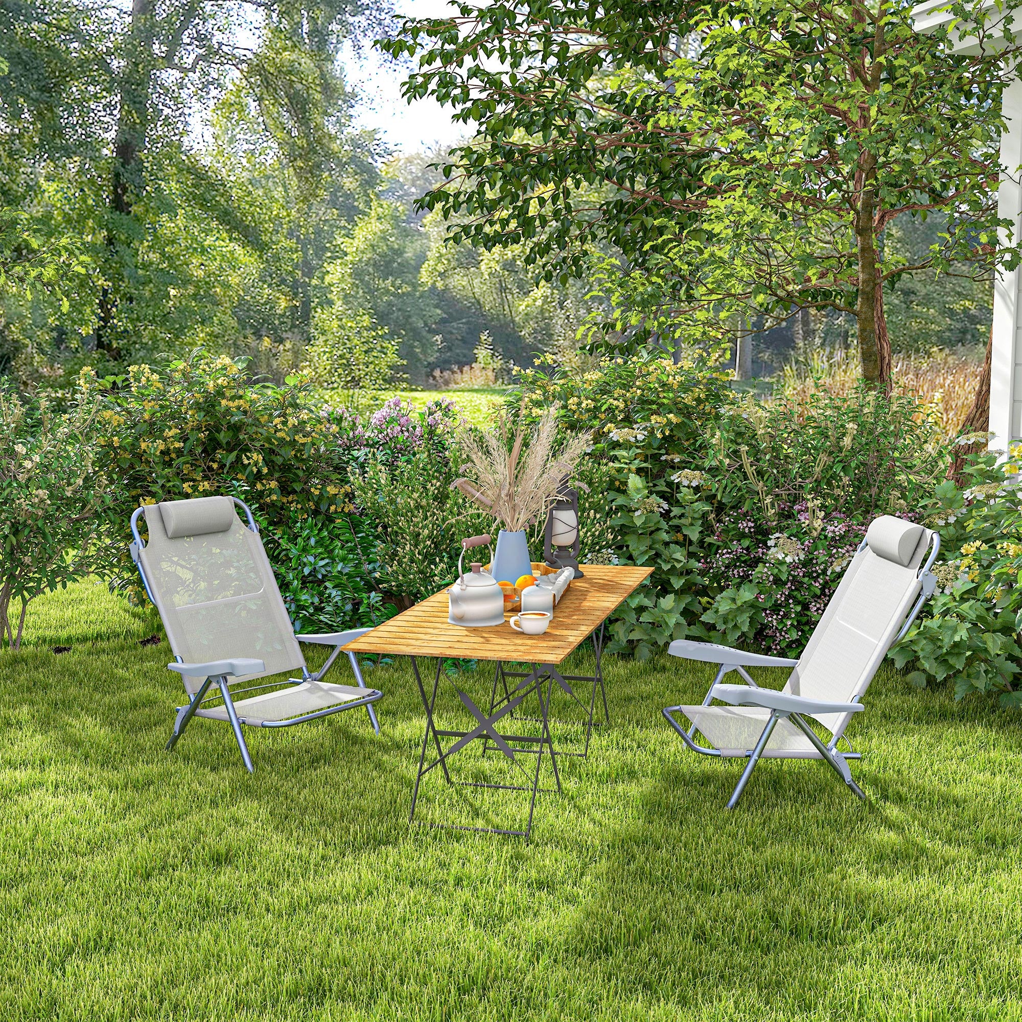 Set of 2 Folding and Reclining Camping Chairs on 6 Levels, in Aluminum and Foam, 62x65x80 cm, Light Gray