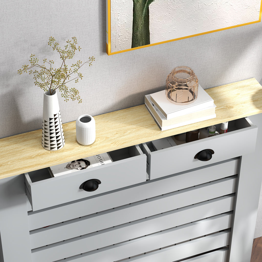 Slatted MDF Radiator Cover, Grille Radiator Cover with 2 Drawers, 111x19x95.5 cm, Grey
