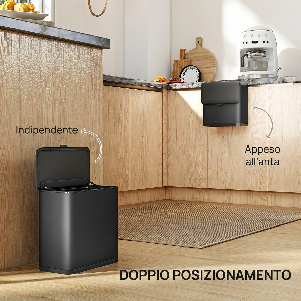 HOMCOM 8L Waste Bin with Stainless Steel Lid and Removable Inner Bucket, 29.7 x 17.4 x 30 cm, Black