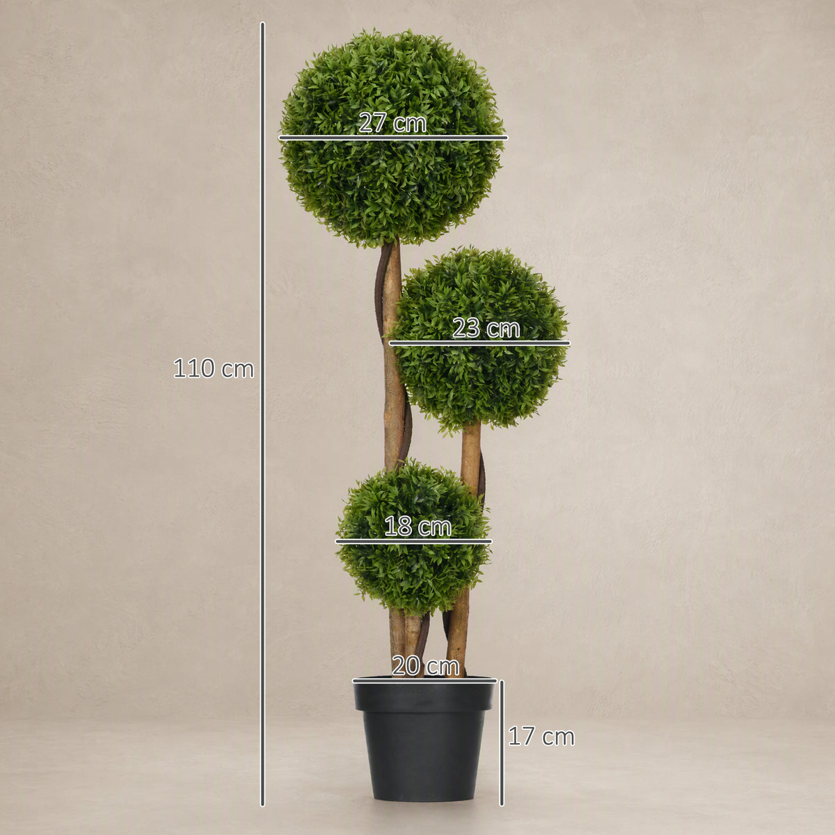 HOMCOM Artificial Boxwood Plant with 3 Balls and Bamboo Leaves, Pot Included, Height 110 cm, Green