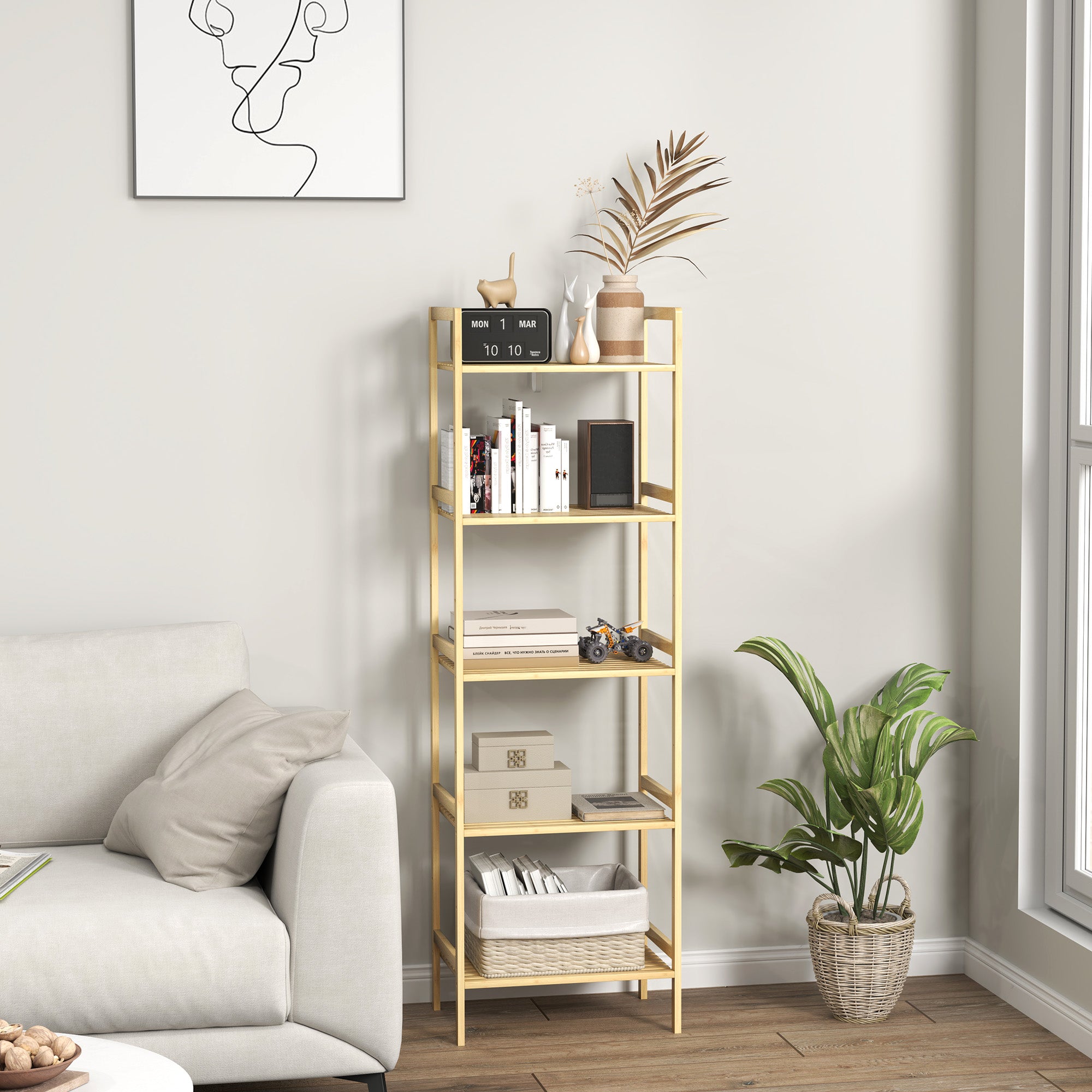 Bathroom Shelf with 5 Height-Adjustable Shelves in Bamboo, 43.5x31.5x142 cm, Natural Wood