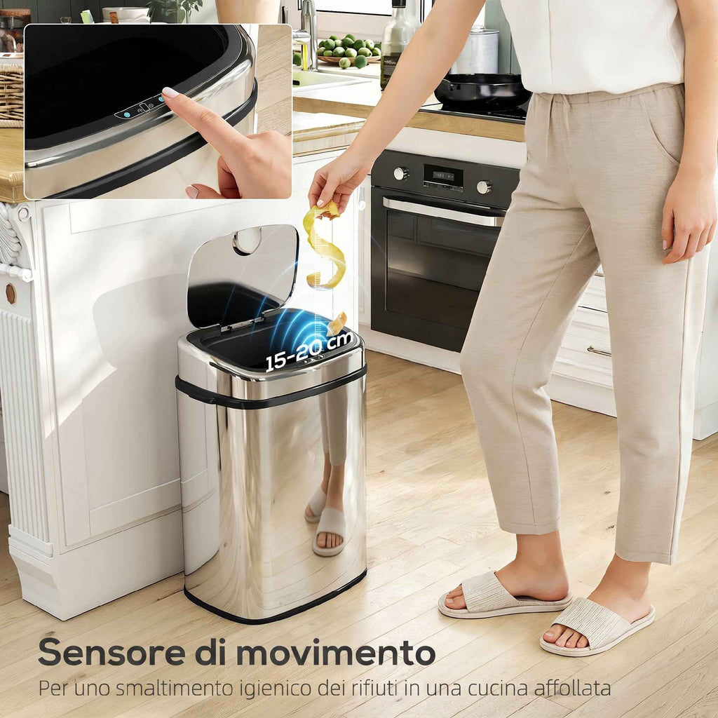 HOMCOM 50L Stainless Steel Infrared Sensor Trash Can with 2 Opening Modes, Silver
