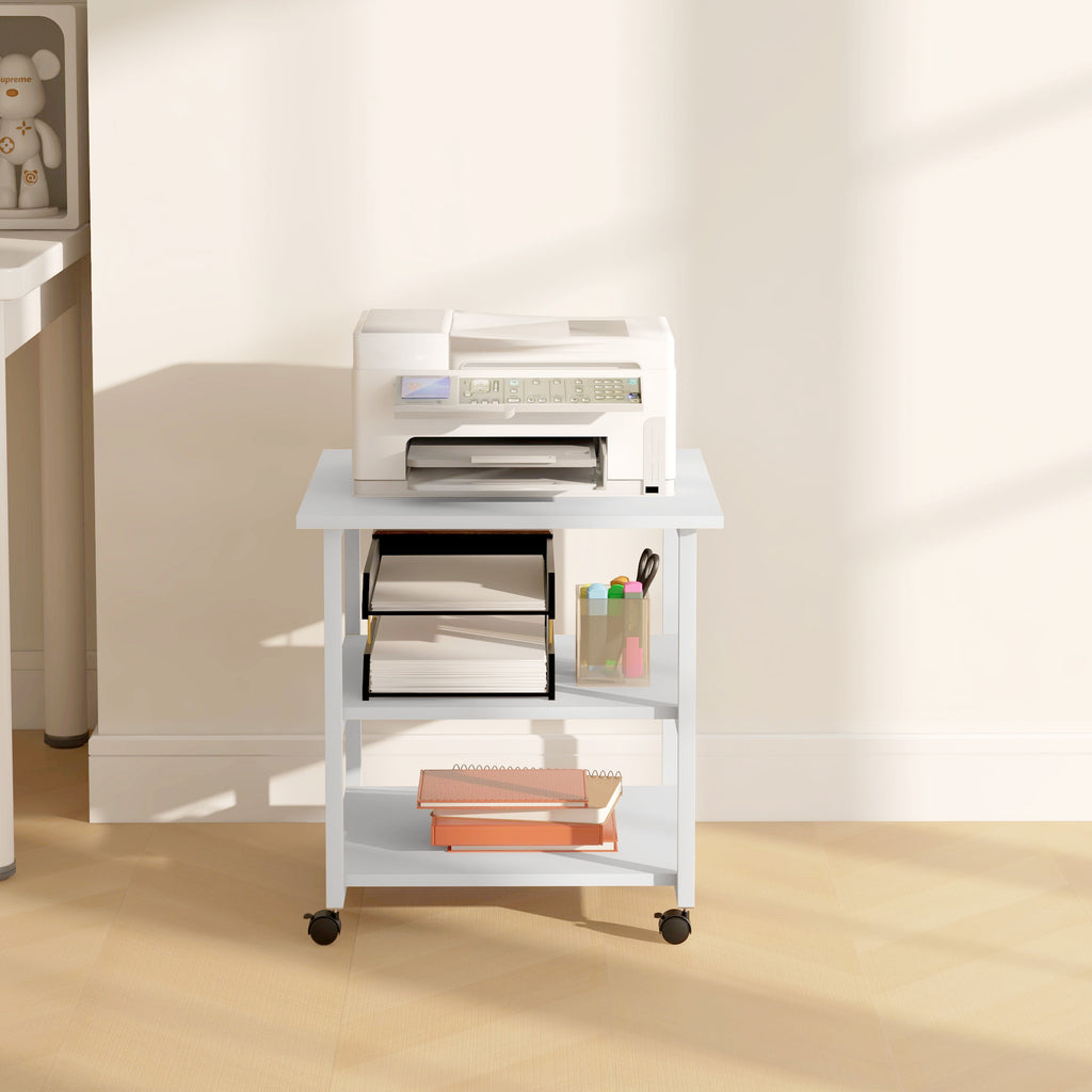 3-Tier Printer Cart with 4 Wheels, Wood and Steel, 50x50x52.5cm, White