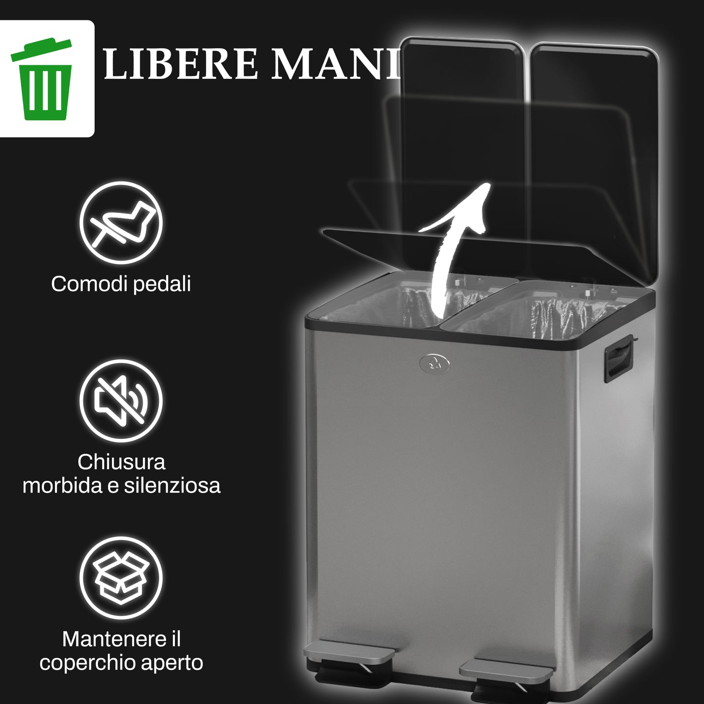 Section Dustbin with Silent Closure, Stainless Steel and PP, 45.8x36x51.6 cm