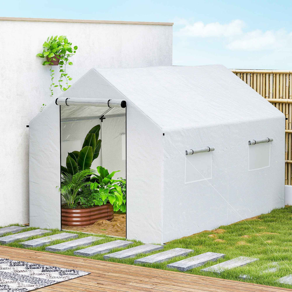 Outsunny 2x3x2 m Tunnel Greenhouse with Roller Doors and Windows and Pointed Roof, in Steel and PE, White