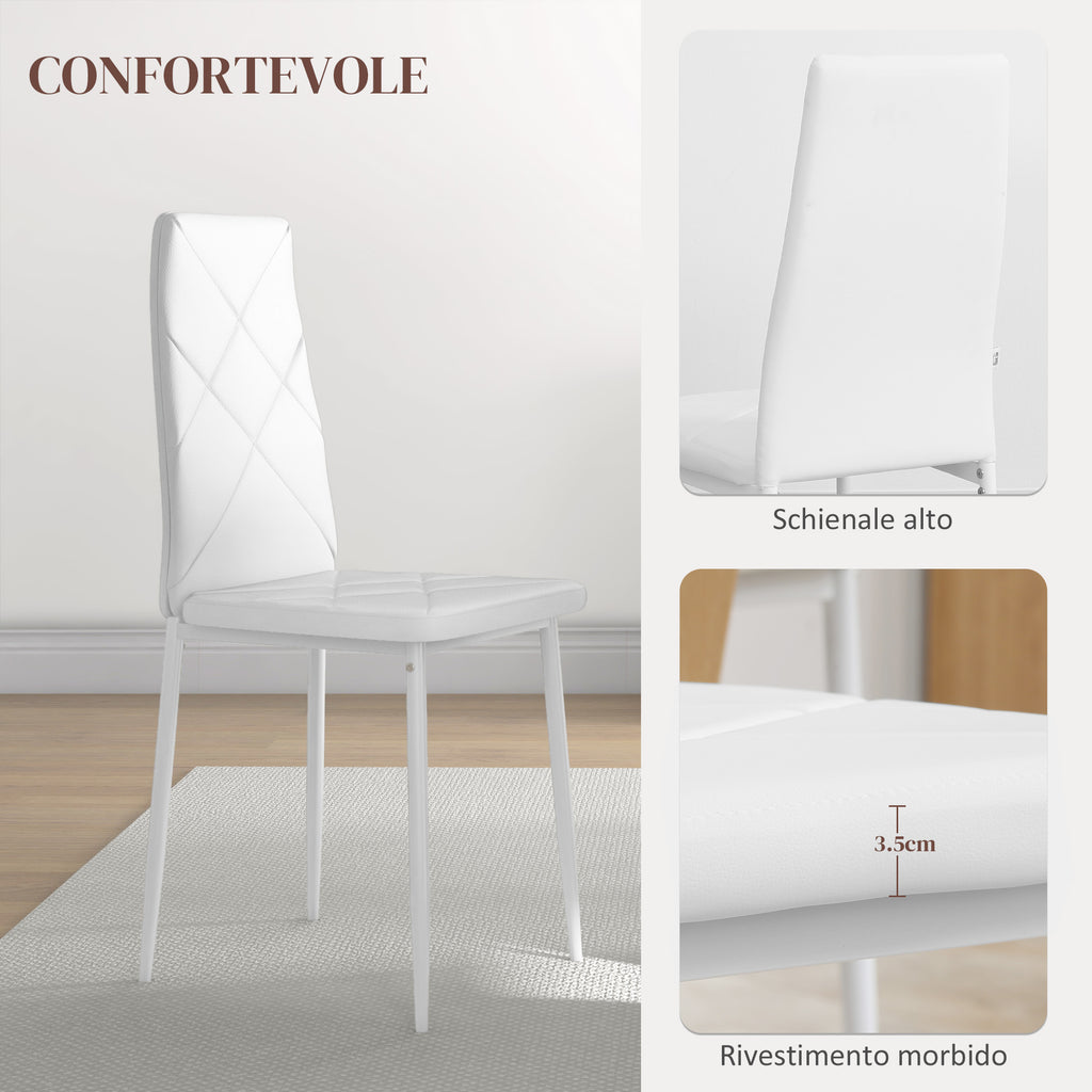 Set of 6 Modern High Back Dining Chairs in Faux Leather and Steel, 41x50x97 cm, White