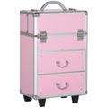Professional Makeup Case, Reinforced Make-Up Trolley with 2 Keys and Wheels Lock, 36x23x58 cm, Pink