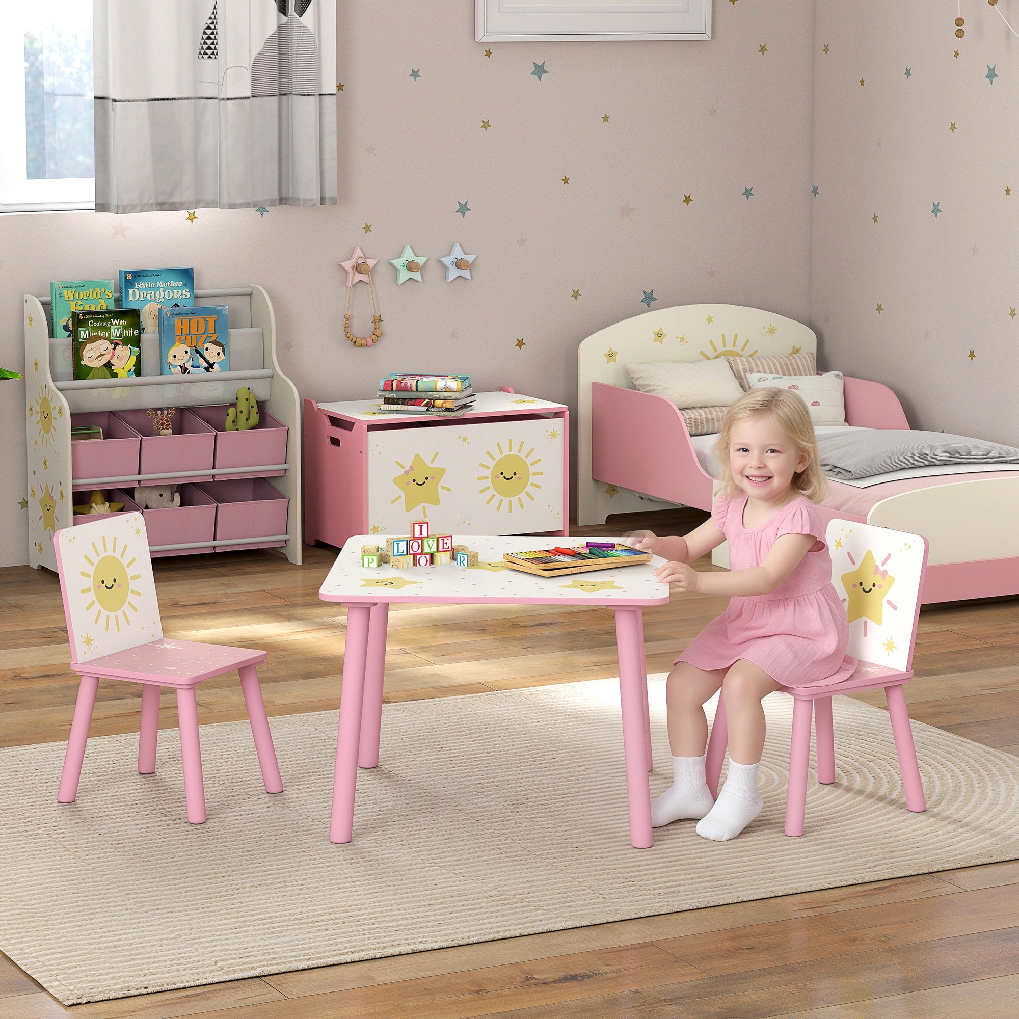 Children's Room Furniture Set with Table and 2 Chairs for Children Ages 3-8 with Star Pattern, Pink