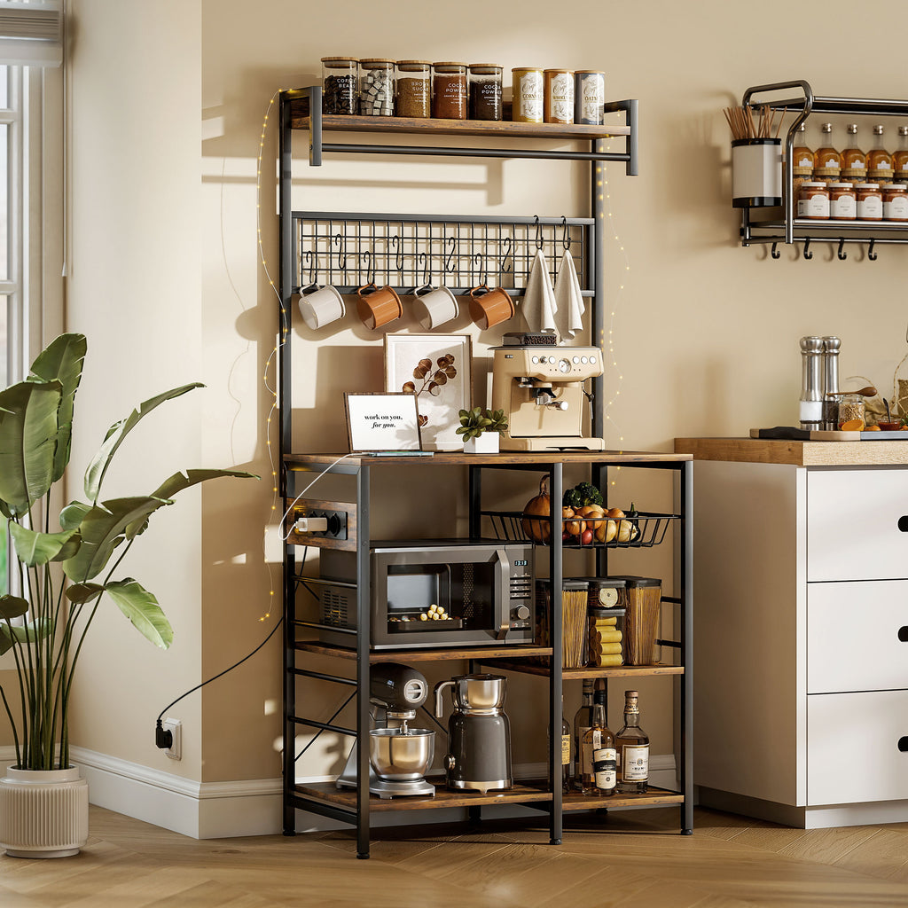 HOMCOM Kitchen Shelf with Sockets and LED, Coffee Corner, Clothes Rail, Metal Panel, 5 Shelves, Basket, 10 Hooks, Rustic Brown