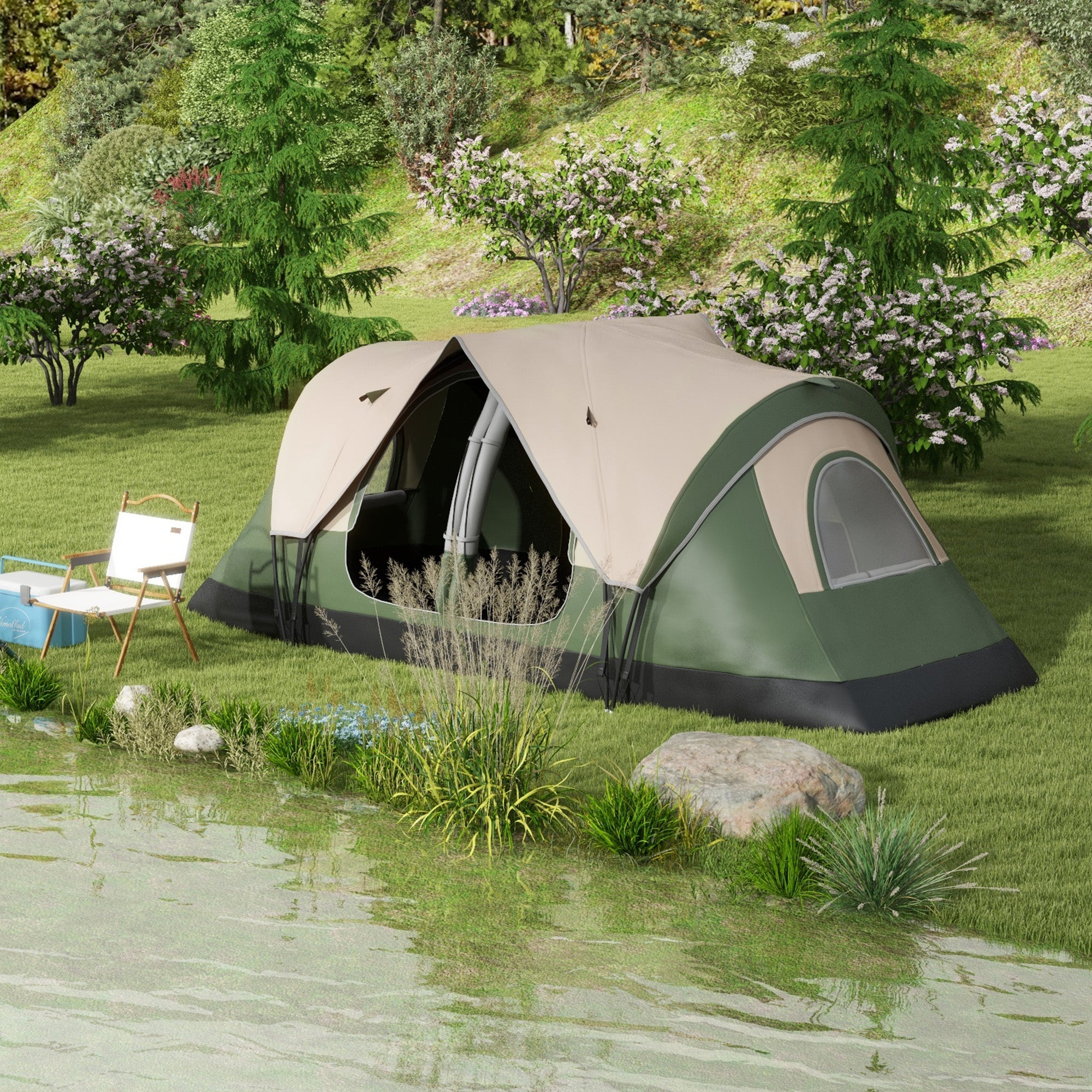 6 Person Camping Tent with 2 Separate Rooms, Polyester and Fiberglass, 450x215x180 cm, Dark Green