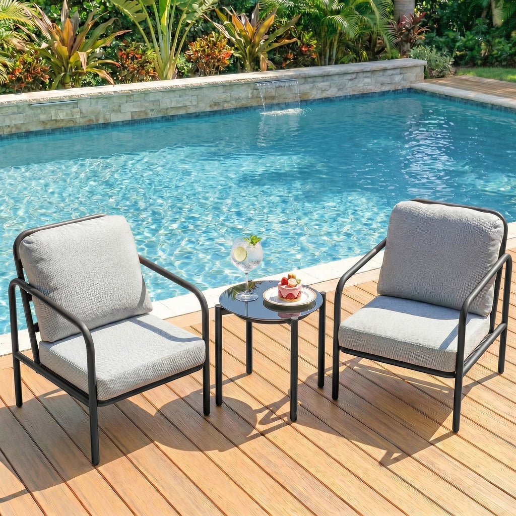 Outsunny 3-Piece Steel Bistro Set with 2 Chairs with Thick Cushions, Black Tempered Glass Top Coffee Table