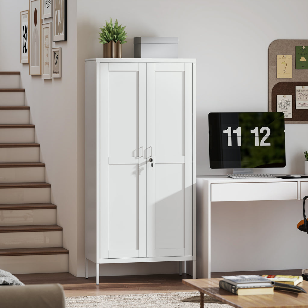 3-Tier Adjustable Steel Office Cabinet with Lock and 2 Keys, 80x40x175cm, White