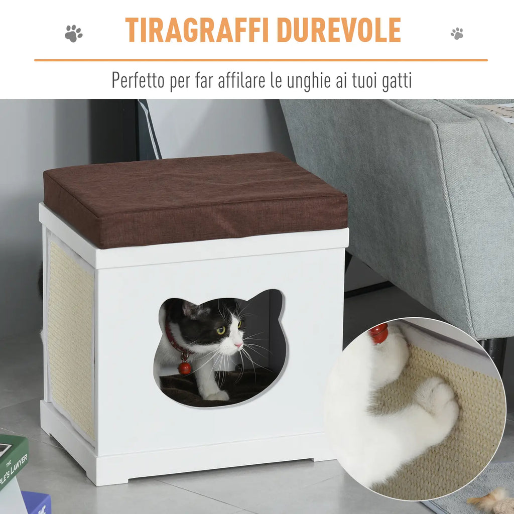 Wooden Cat House with 2 Pillows and Removable Scratching Post, White and Brown, 41x30x36cm - Borge' Group Limited