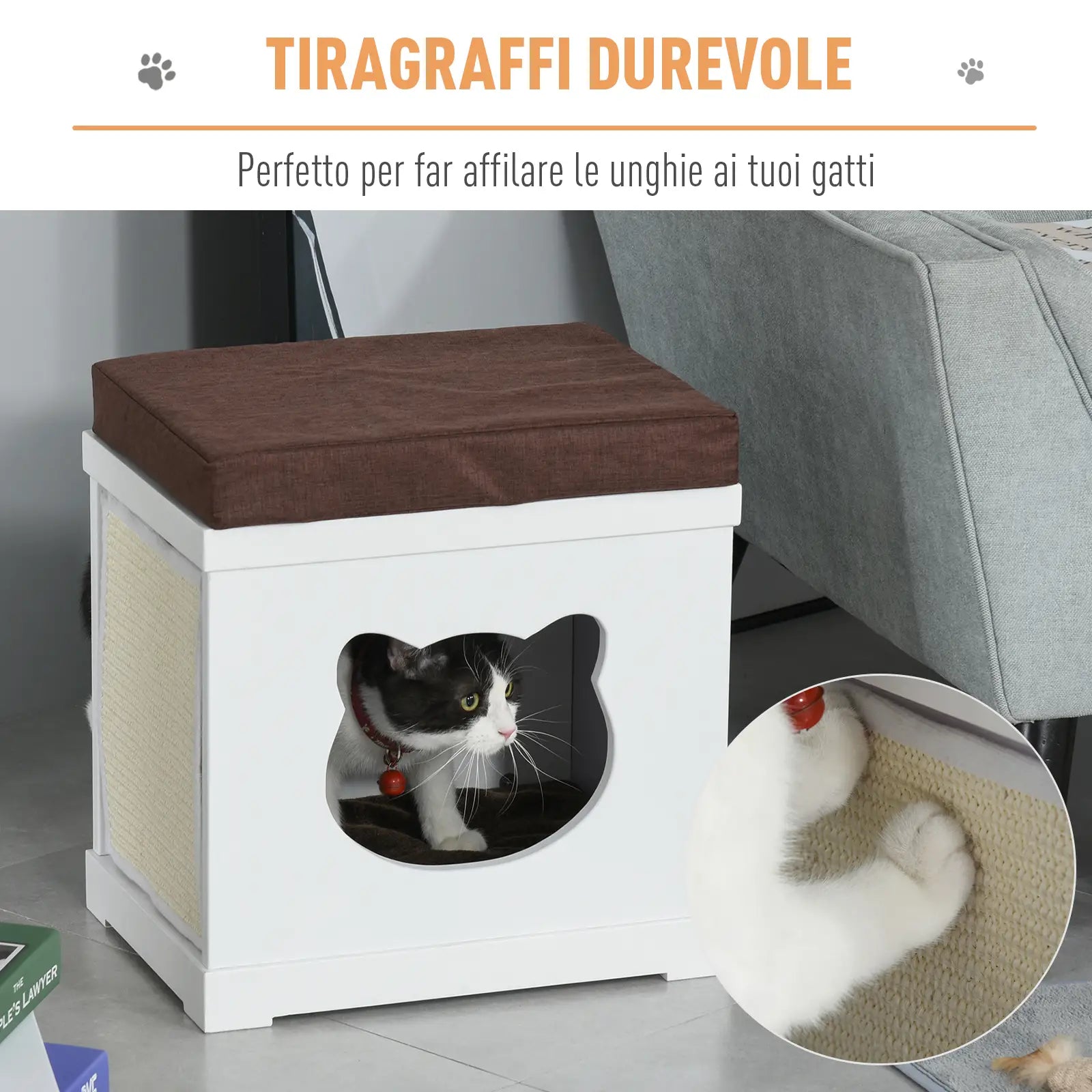 Wooden Cat House with 2 Pillows and Removable Scratching Post, White and Brown, 41x30x36cm - Borge' Group Limited