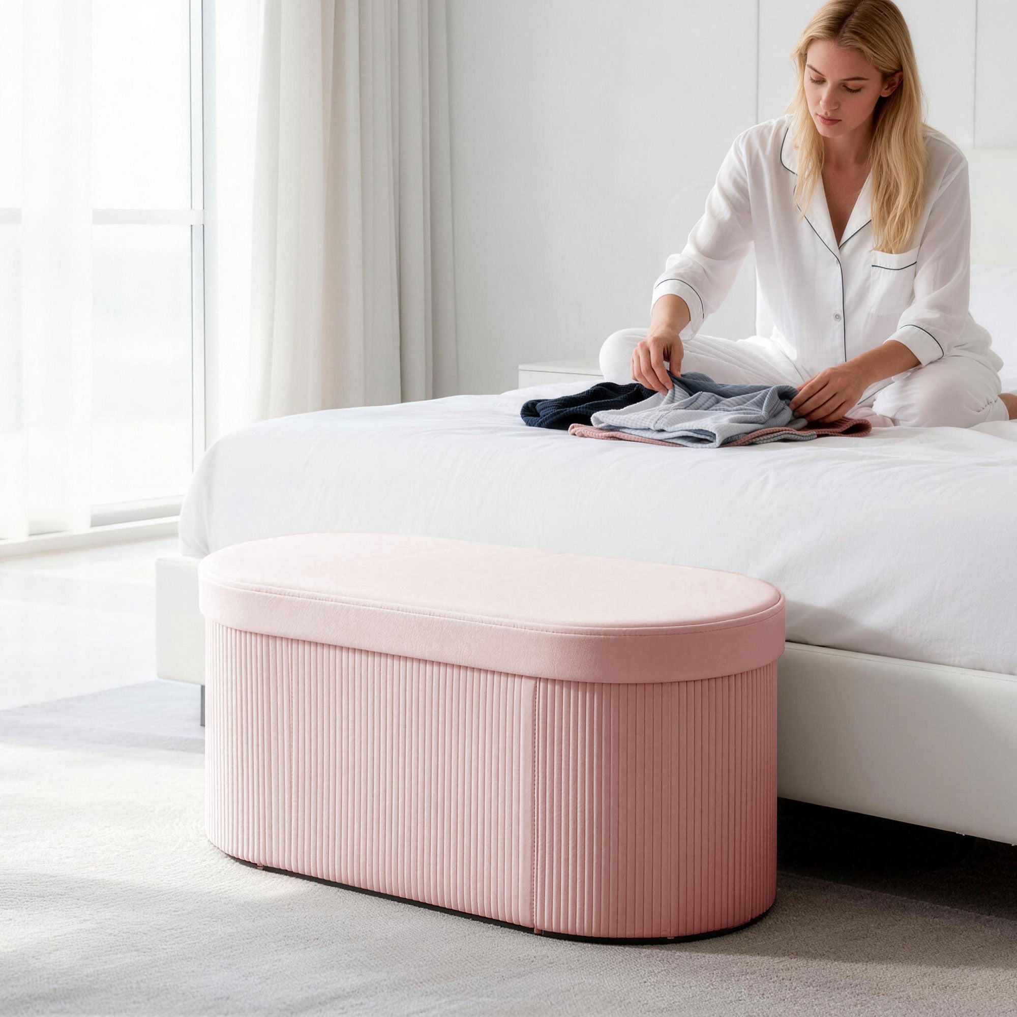 HOMCOM Foldable Storage Ottoman with 72L Capacity and Velvet Lining, 76x38x35 cm, Pink