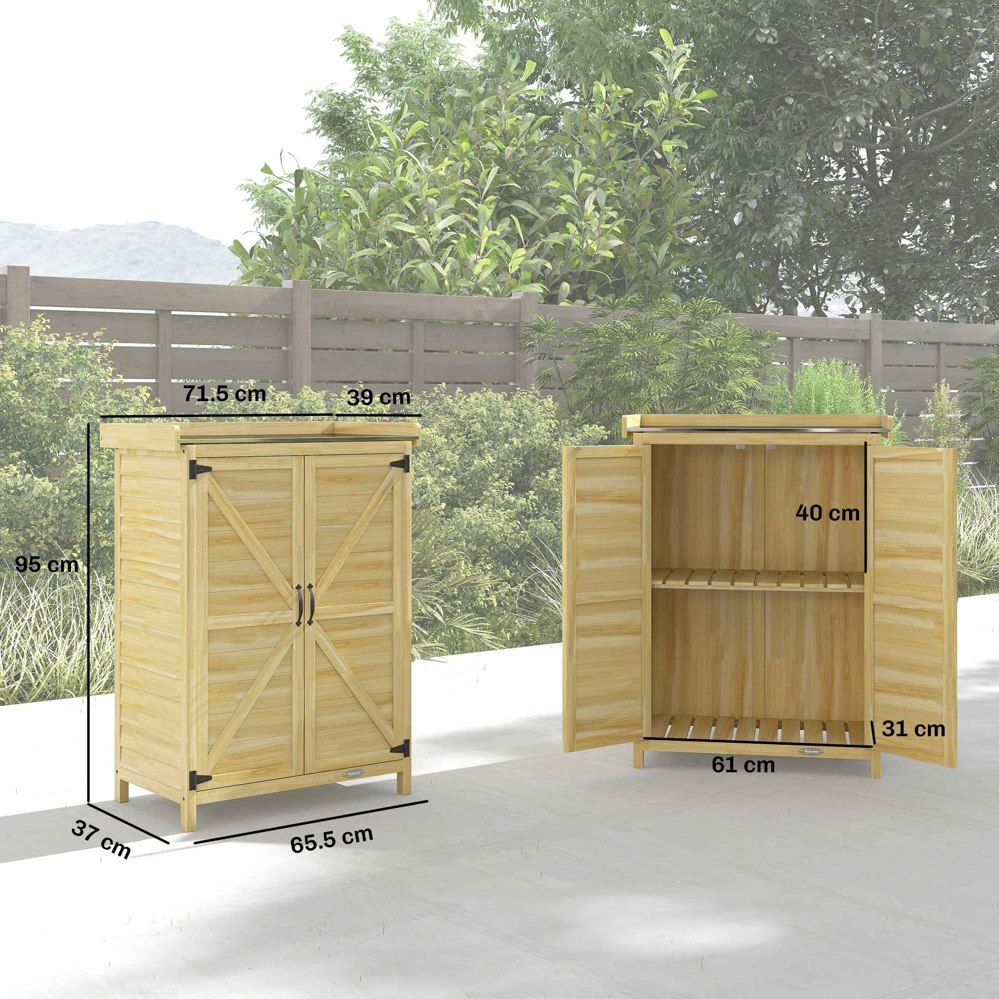 Outsunny Wooden Garden Cabinet with Steel Top, Shelves and Hooks, 71.5x39x95 cm