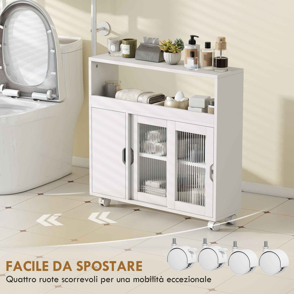 HOMCOM Wooden Bathroom Cabinet with Wheels, Open Space, Adjustable Shelves and Glass Doors, 71x20x70 cm, White