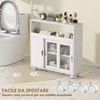 HOMCOM Wooden Bathroom Cabinet with Wheels, Open Space, Adjustable Shelves and Glass Doors, 71x20x70 cm, White