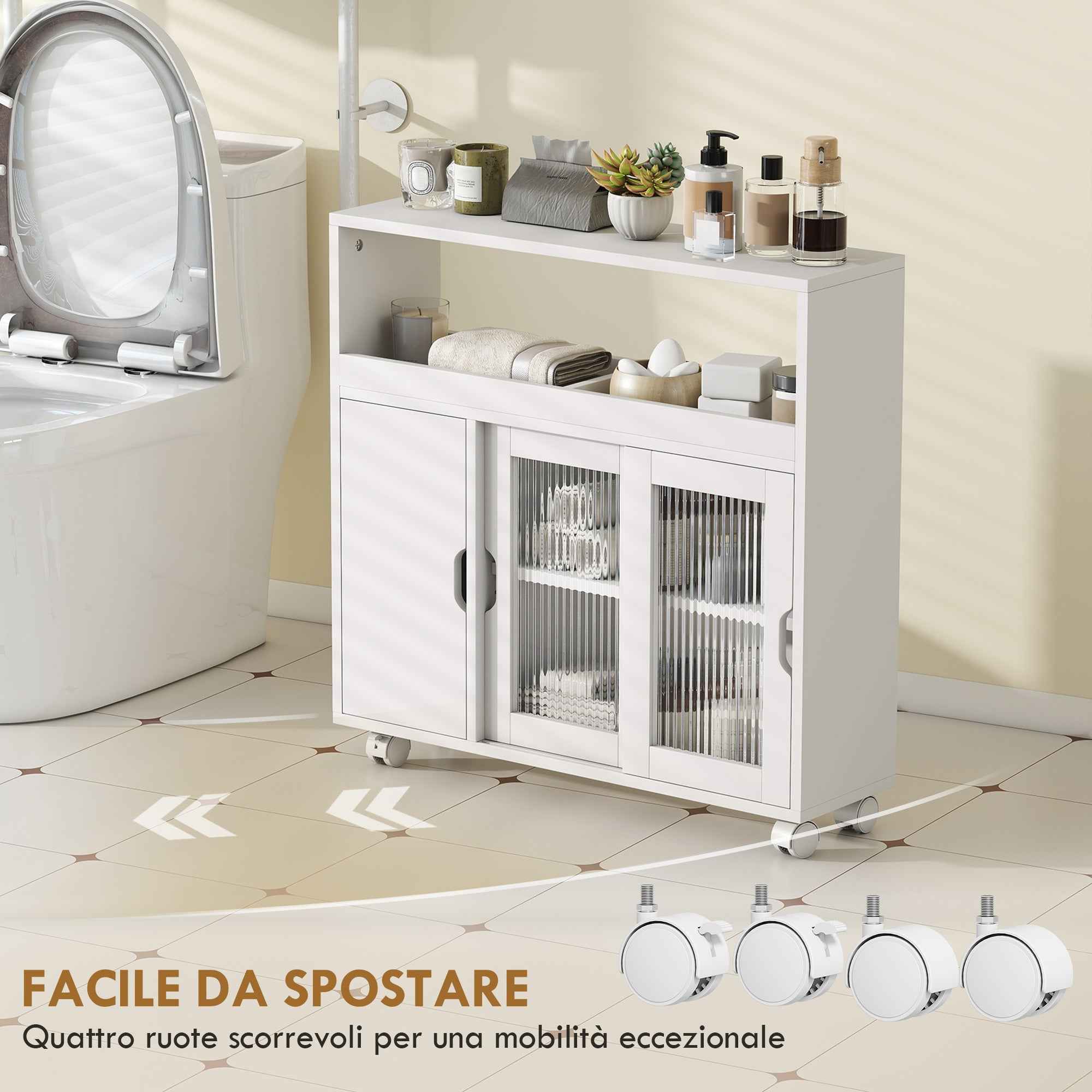HOMCOM Wooden Bathroom Cabinet with Wheels, Open Space, Adjustable Shelves and Glass Doors, 71x20x70 cm, White
