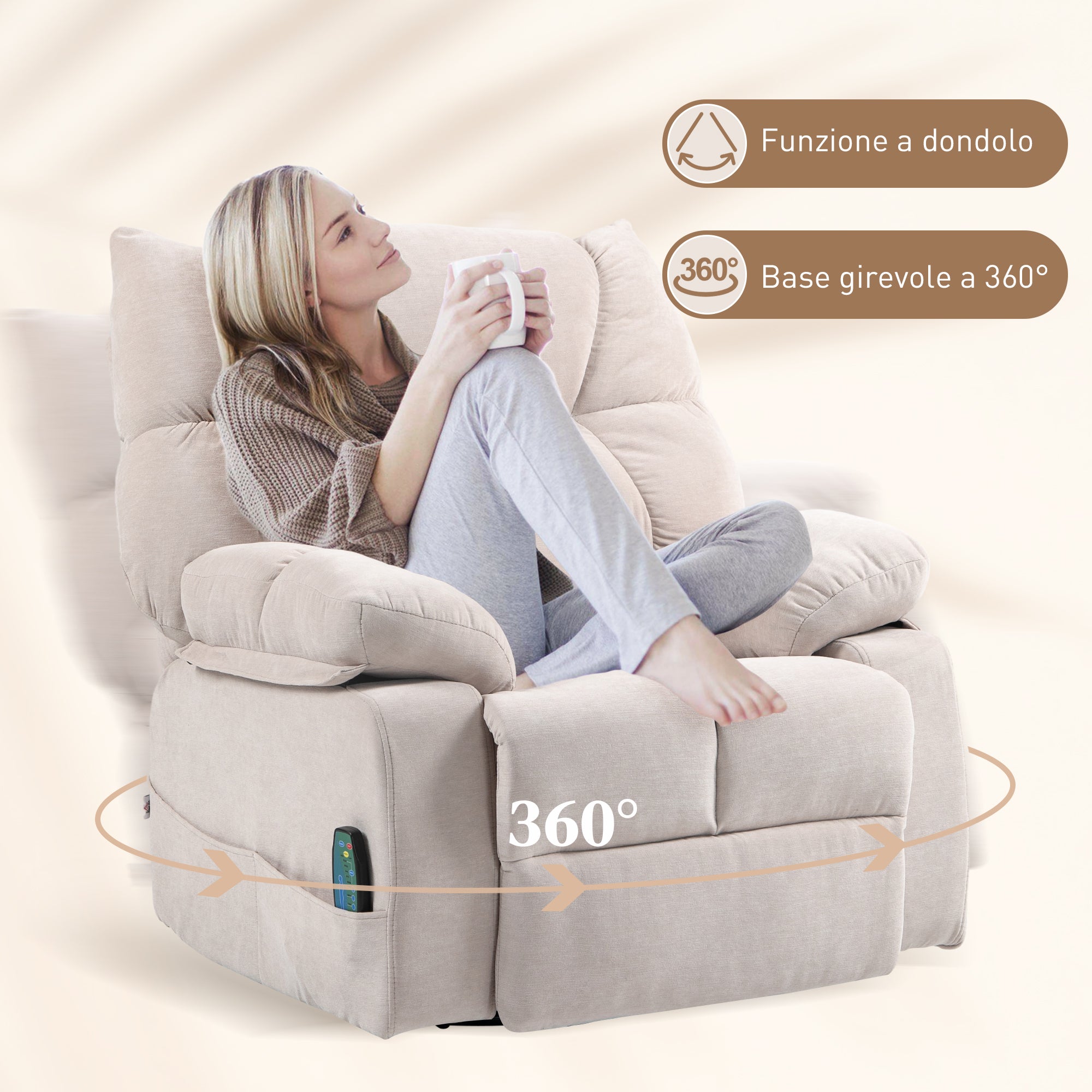 Recliner Chair with Footrest, Massage and Heating with 5 Programs and 8 Vibration Points, Beige