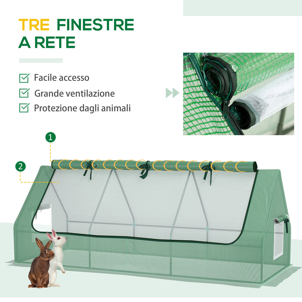 Small Greenhouse with 2 Side Windows and Central Window, in Steel, PE and PP, 240x90x90 cm, Green