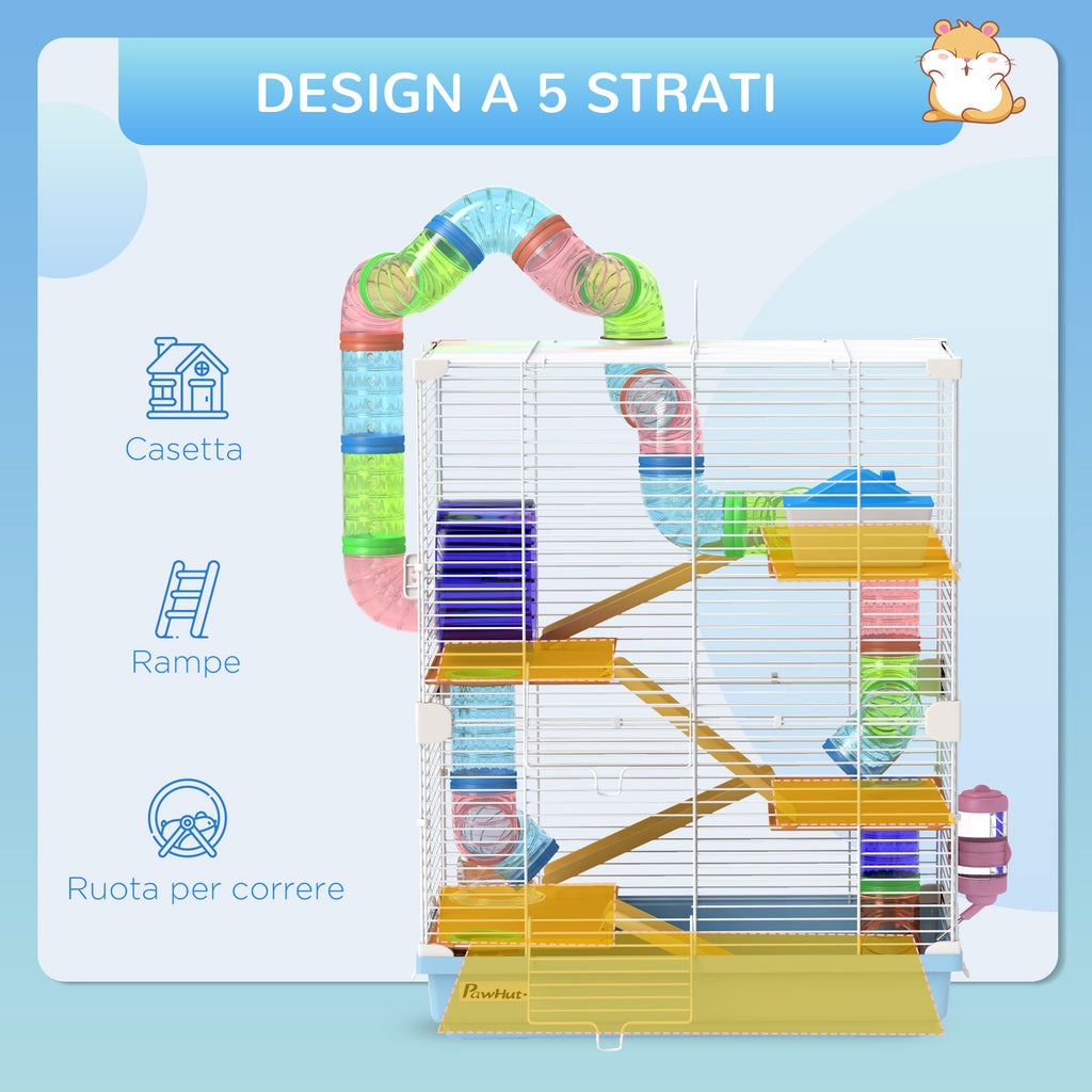 5-Level Hamster Cage with Tubes, Wheel, Ladders, House and Bottle, Made of Metal, PP and PS, 46x30x58 cm