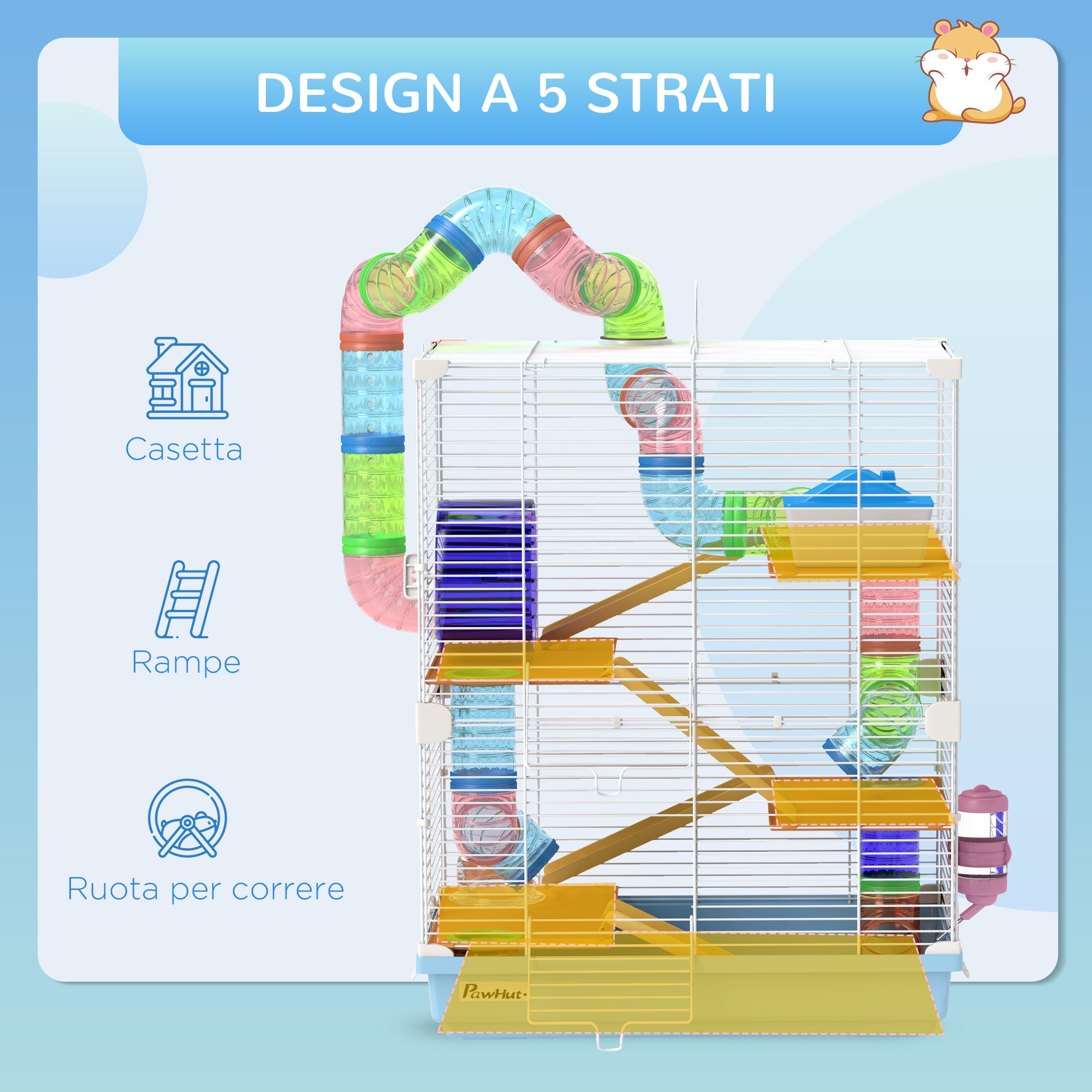 5-Level Hamster Cage with Tubes, Wheel, Ladders, House and Bottle, Made of Metal, PP and PS, 46x30x58 cm