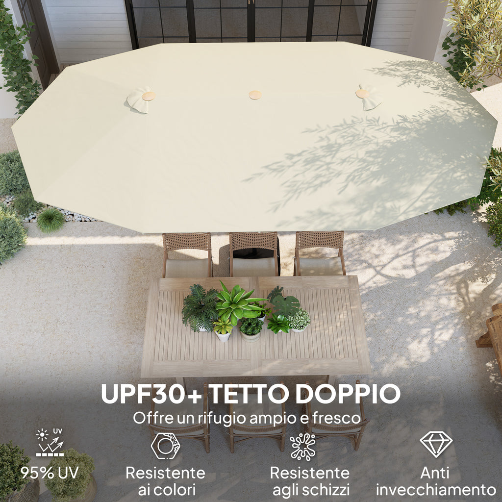 Double Umbrella with Crank Opening, in Stainless Steel and Polyester, 455x265x238 cm, Beige