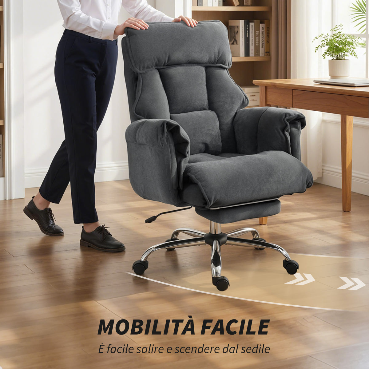 HOMCOM 3-Level Reclining Swivel Office Chair with Double Padded Backrest and Footrest, Flannel, Dark Grey