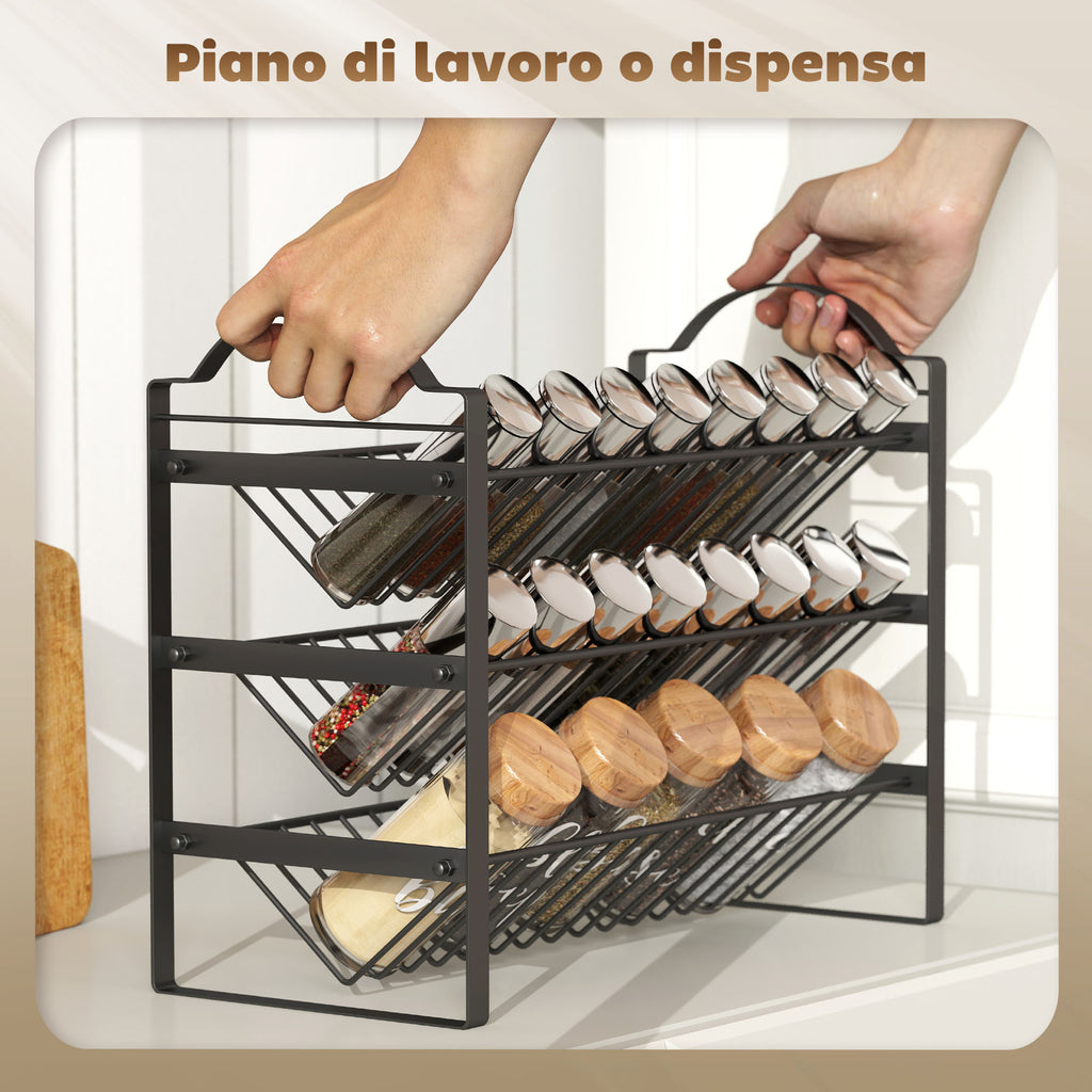 3-Tier Kitchen Spice Rack, Space-Saving Organizer with Slanted Metal Shelves, Black
