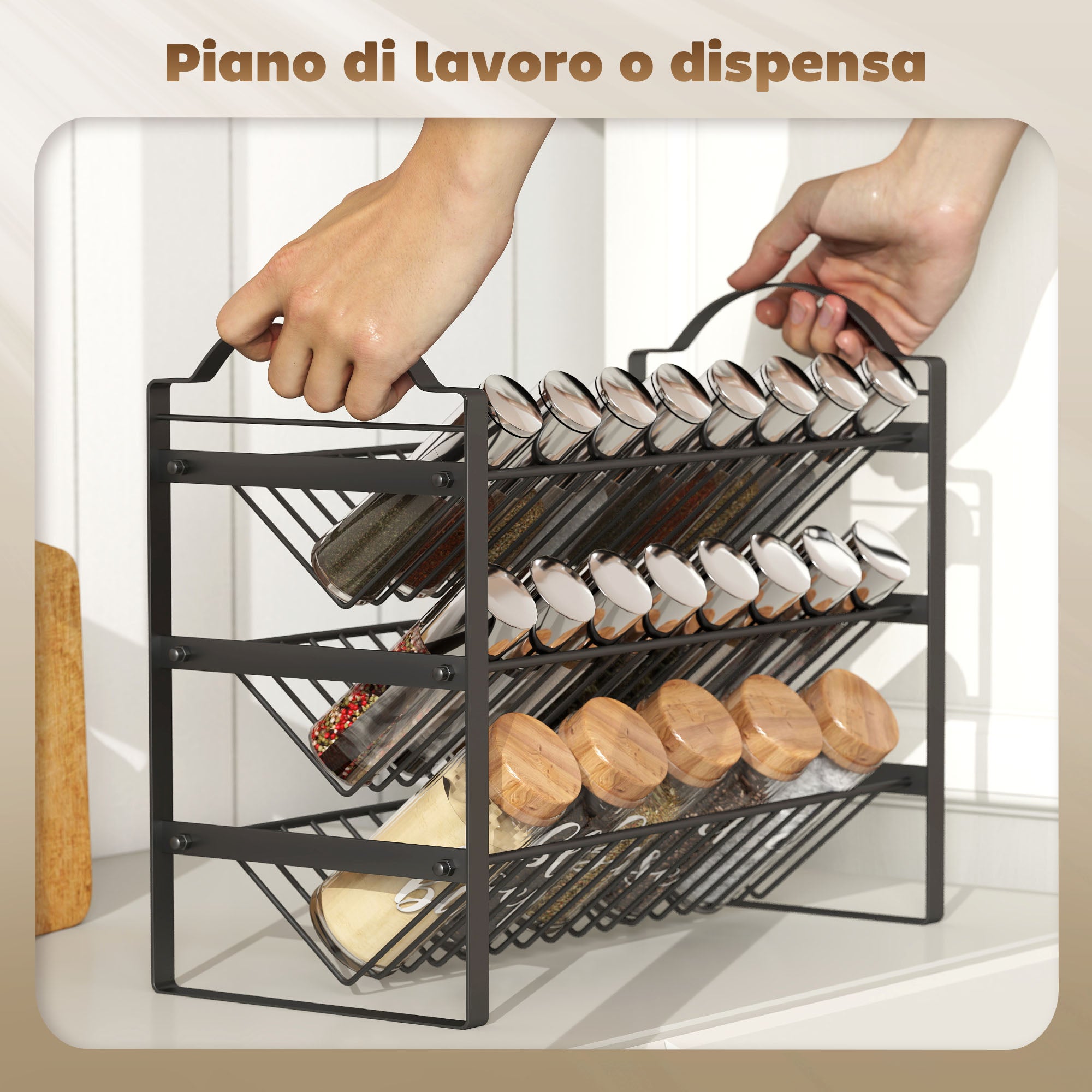 3-Tier Kitchen Spice Rack, Space-Saving Organizer with Slanted Metal Shelves, Black