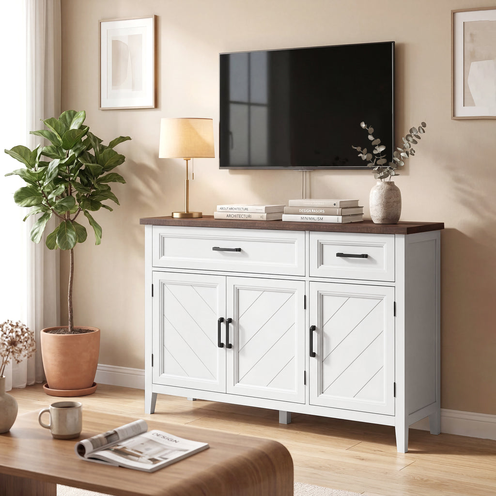 HOMCOM Wooden Kitchen Sideboard with 3 Barn Doors, 2 Drawers and 2 Adjustable Shelves, White