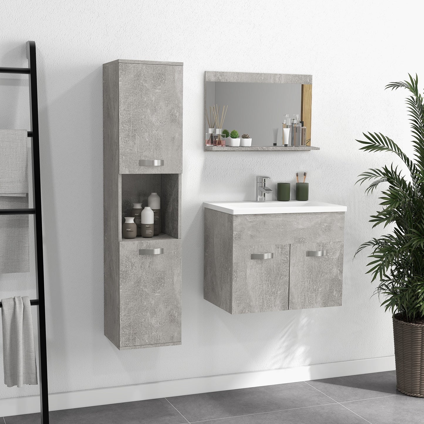 Kleankin 4 Piece Bathroom Furniture Set with 60cm Sink, Cabinet, Bathroom Column and Wooden Mirror, Grey