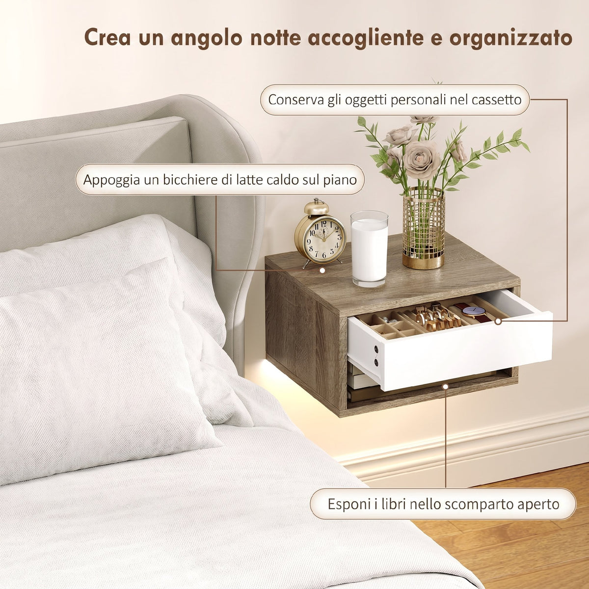HOMCOM Set of 2 Wall-Mounted Bedside Tables with Built-in RGB LED Lights, Adjustable via APP, Drawer and Shelf, 37x32x21 cm, White Wood Color