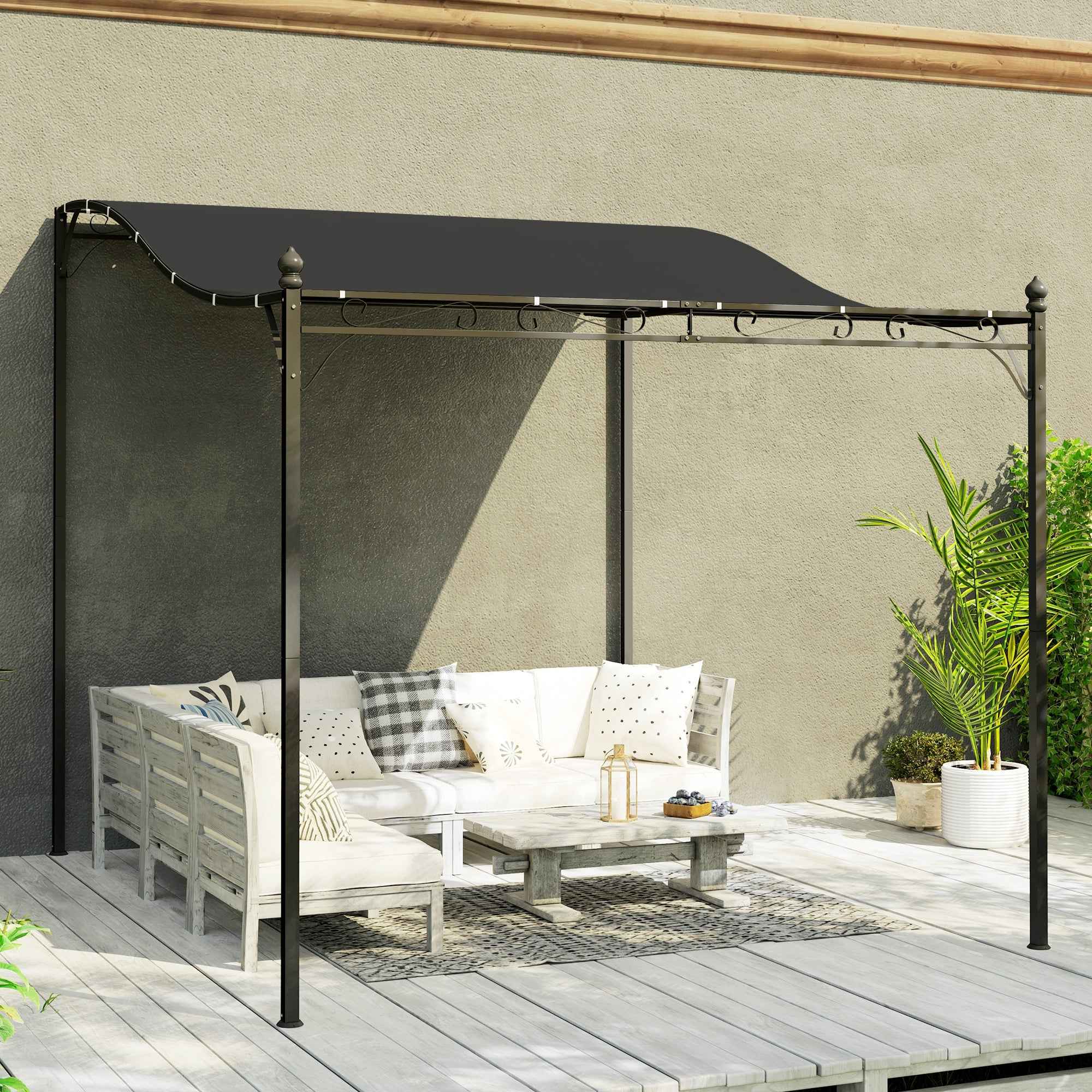 Outsunny 2.5 x 3 m Wall-Mounted Waterproof Garden Pergola with Metal Frame, Drainage Holes, Sun Shade Cover, Dark Grey