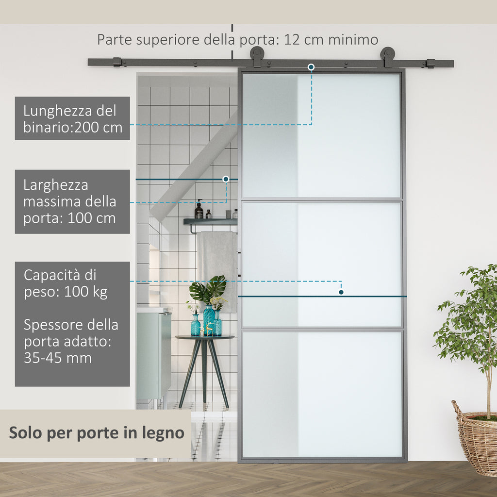 Steel Sliding Door Kit with Tracks, Stoppers and Guides, 200x40x0.6 cm, Black
