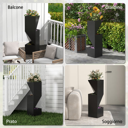 Outdoor Planter with 3 Growing Areas and Drainage Holes, Black Metal, 30x30x100 cm