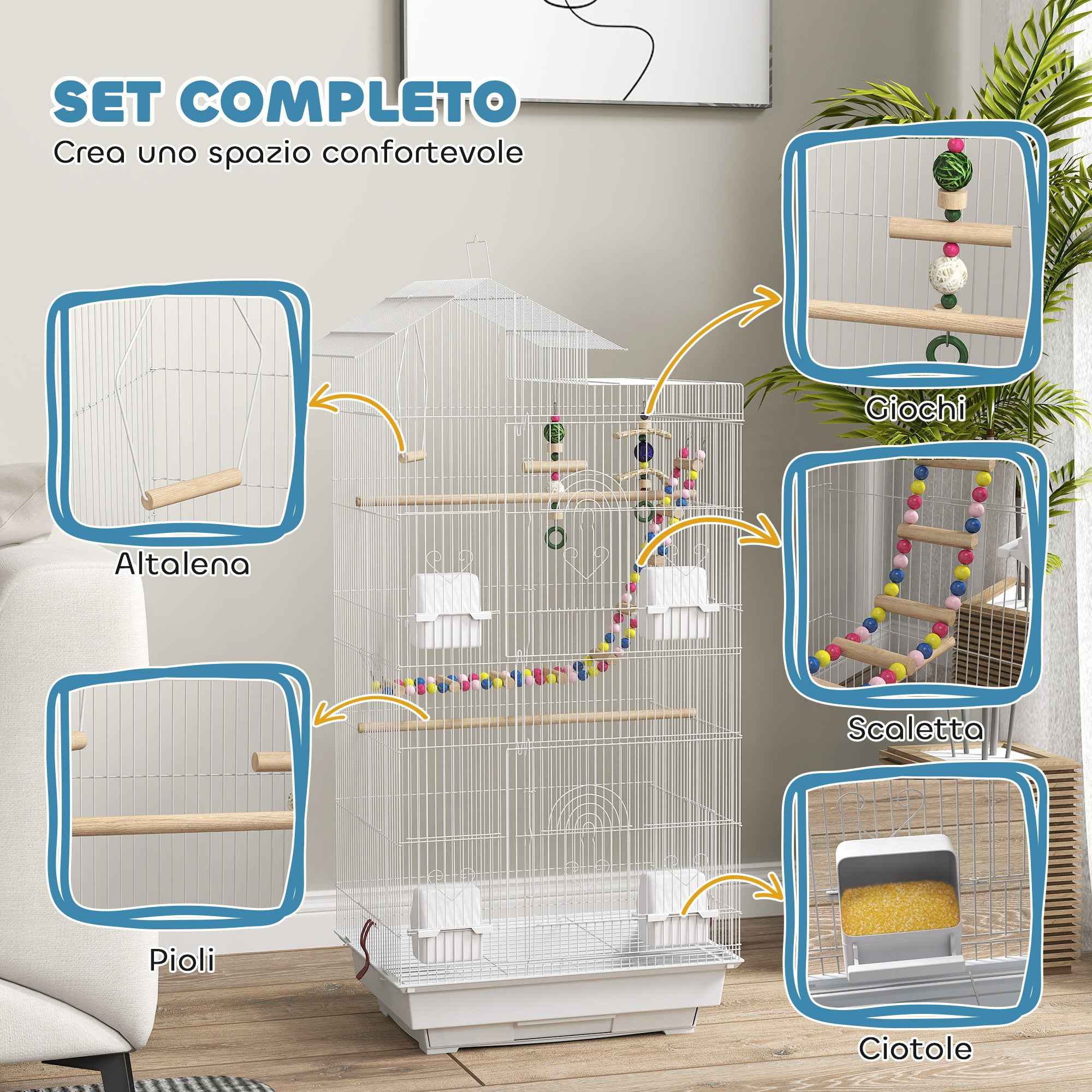PawHut Bird Cage, Aviary with Handle and Doors, Cage with Swing, Bowls and Toys, 46x36x100 cm, White
