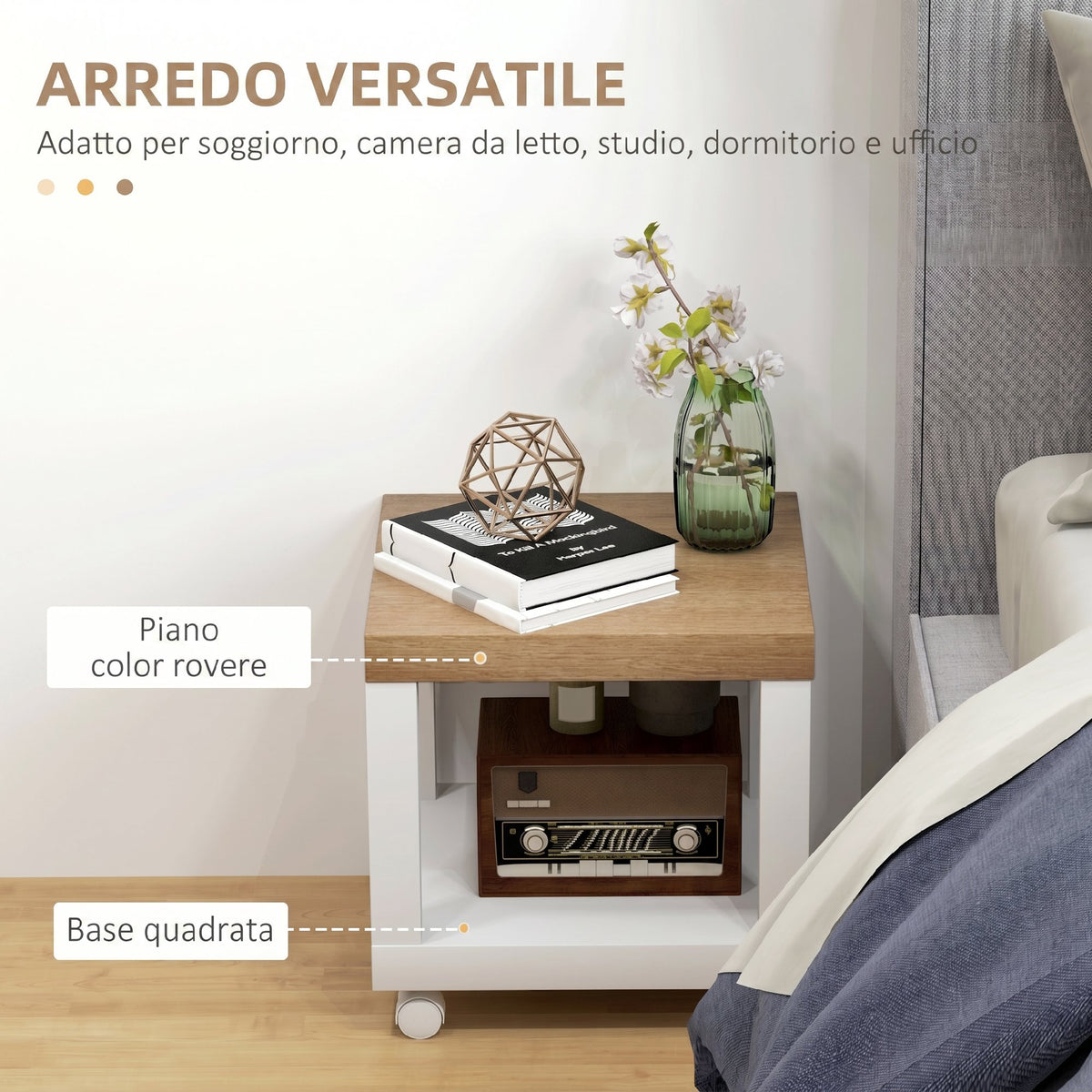 HOMCOM Coffee Table with Castors and Open Shelf, for Sofa, Bedroom or Living Room, 40x40x40 cm, Natural Wood and White