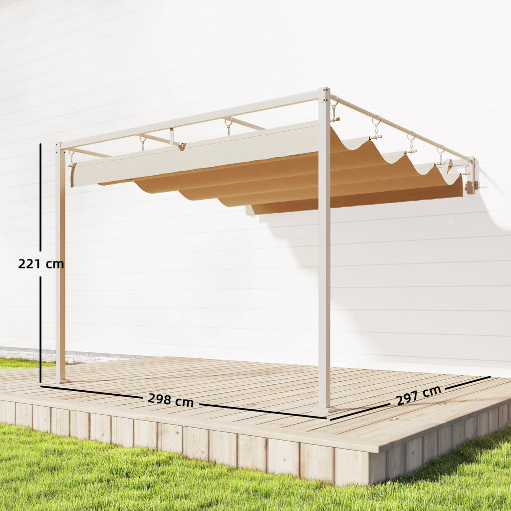 Outsunny 3x3m Lean-to Pergola with Retractable Sliding UV30+ Roof and Drainage Holes, Beige