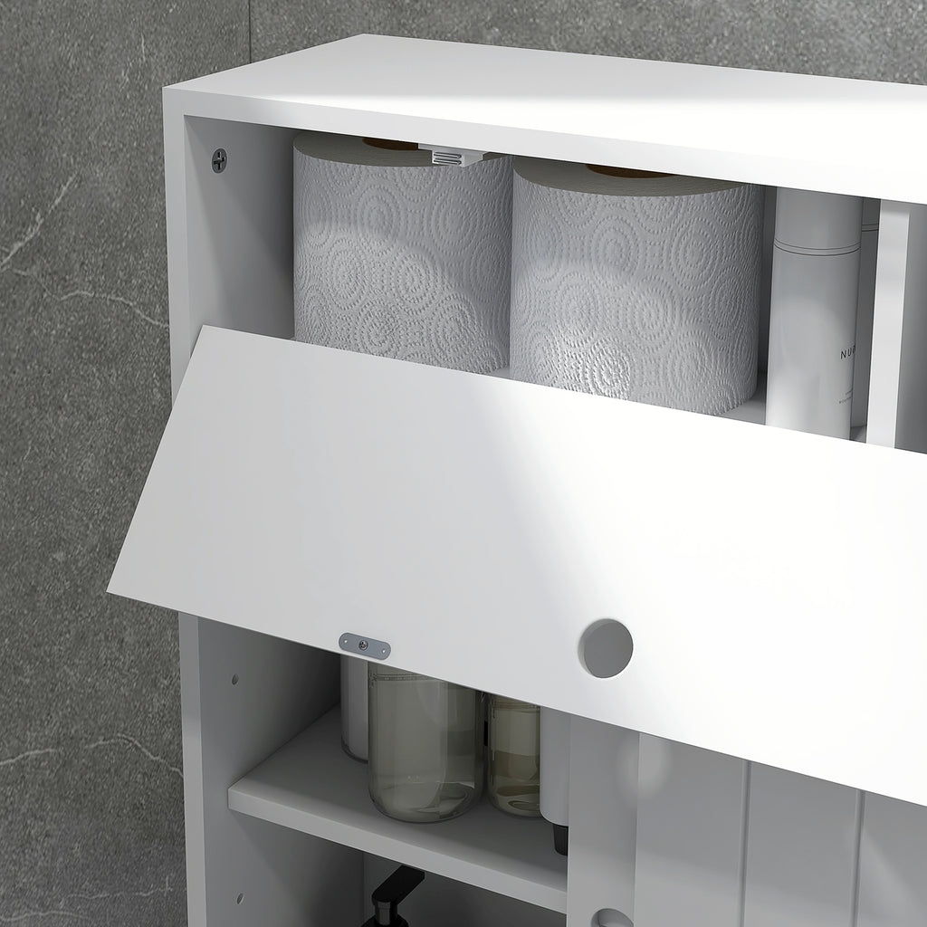 kleankin Narrow Bathroom Cabinet with Wheels, Sliding Doors, Adjustable Shelves and 2 Toilet Paper Holders, White