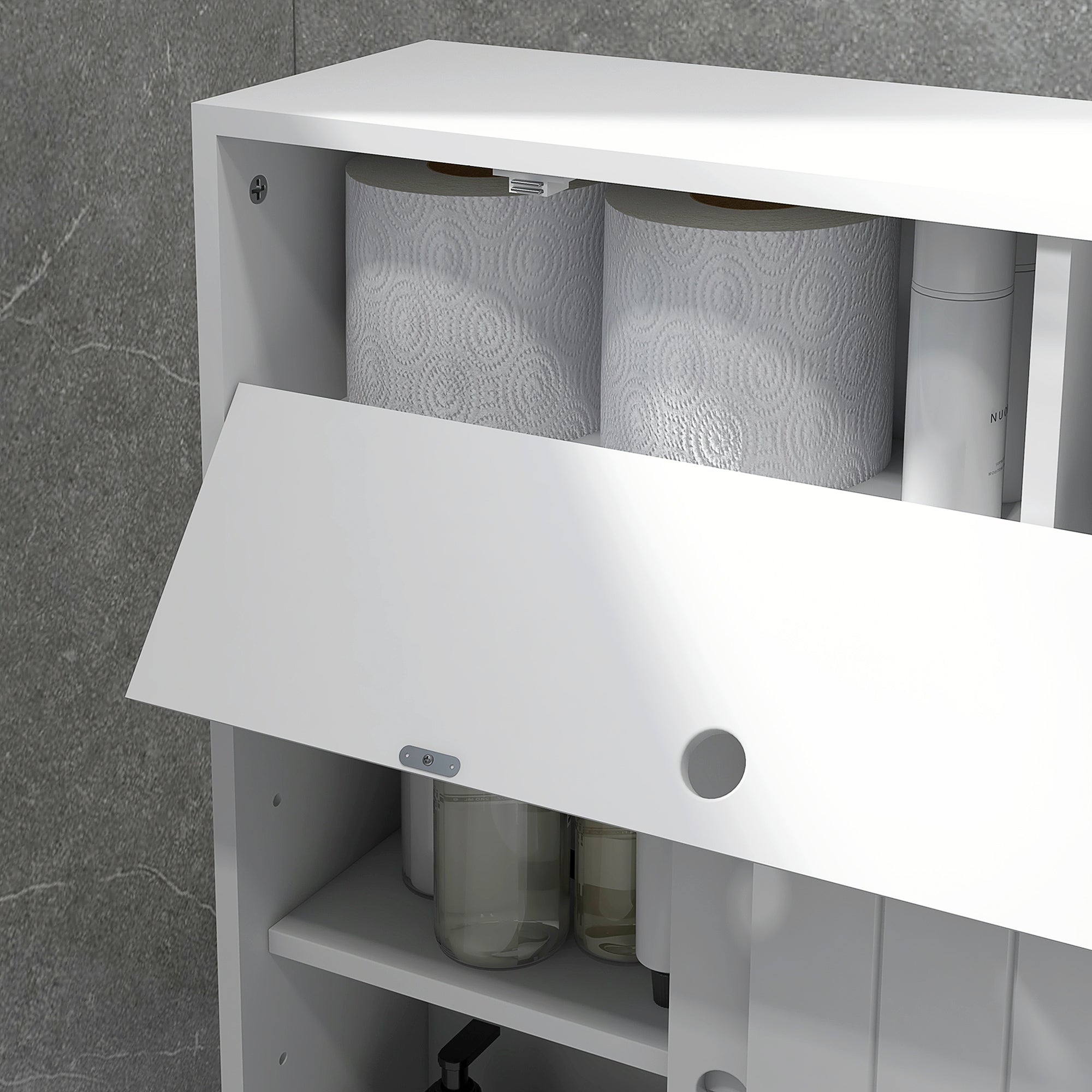kleankin Narrow Bathroom Cabinet with Wheels, Sliding Doors, Adjustable Shelves and 2 Toilet Paper Holders, White