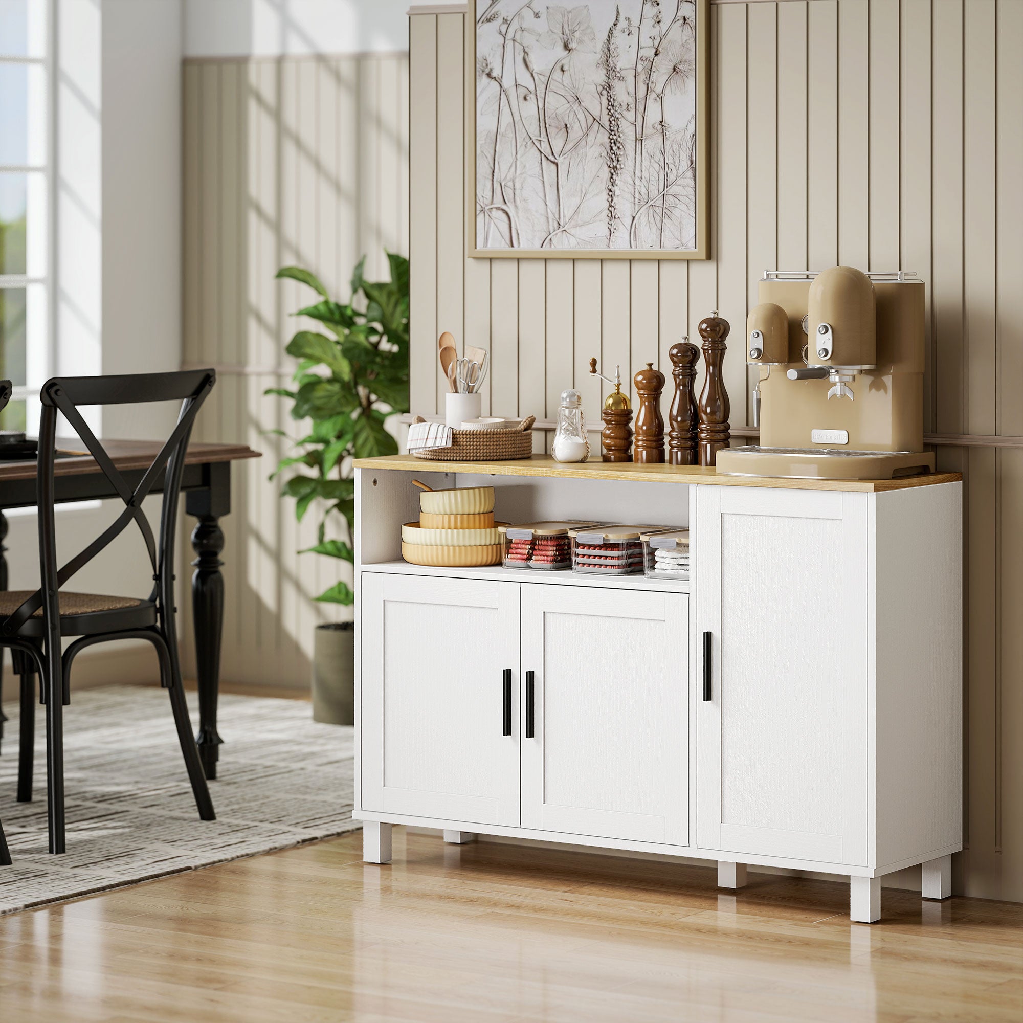 Kitchen Sideboard with Soft-Close Doors, 2 Cupboards and Open Wooden Compartment, 110x33x75 cm, White