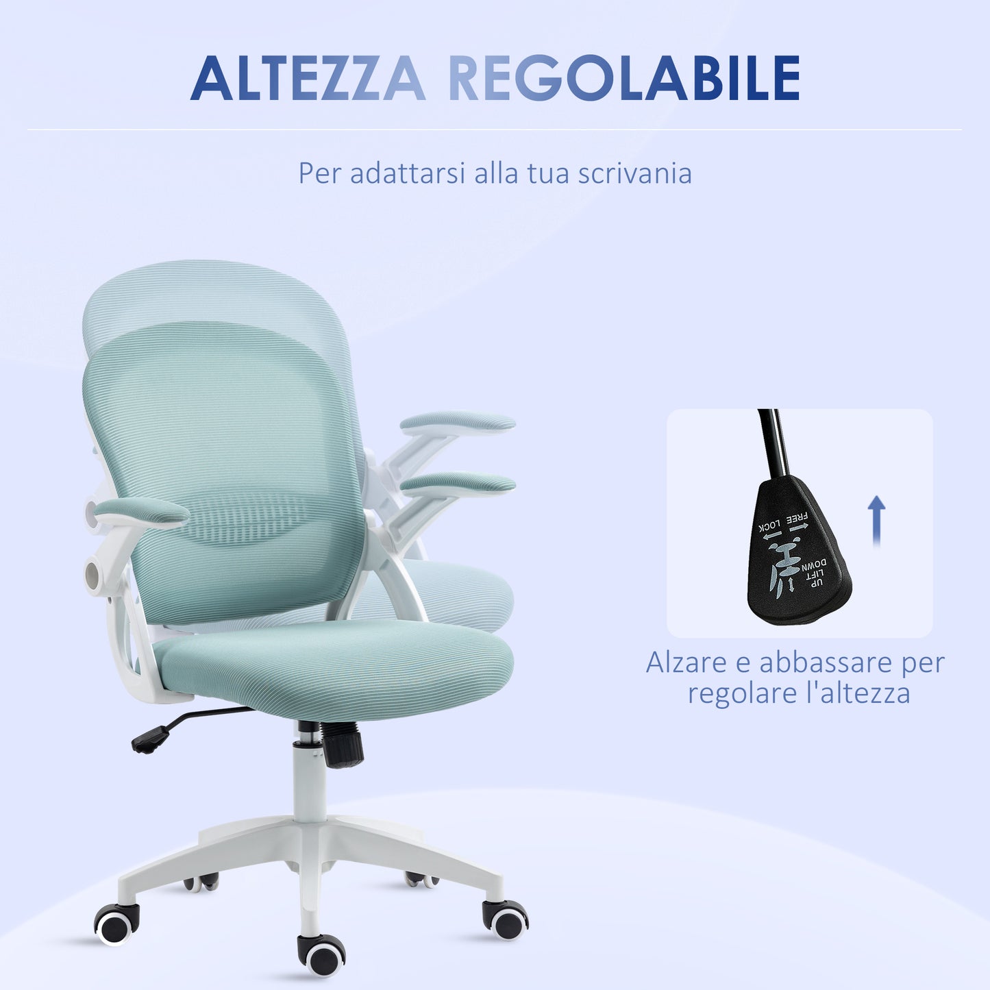 Ergonomic Office Chair with Mesh Backrest and Adjustable Height, 65.5x61.5x88-97.5cm, Light Blue - Borgè