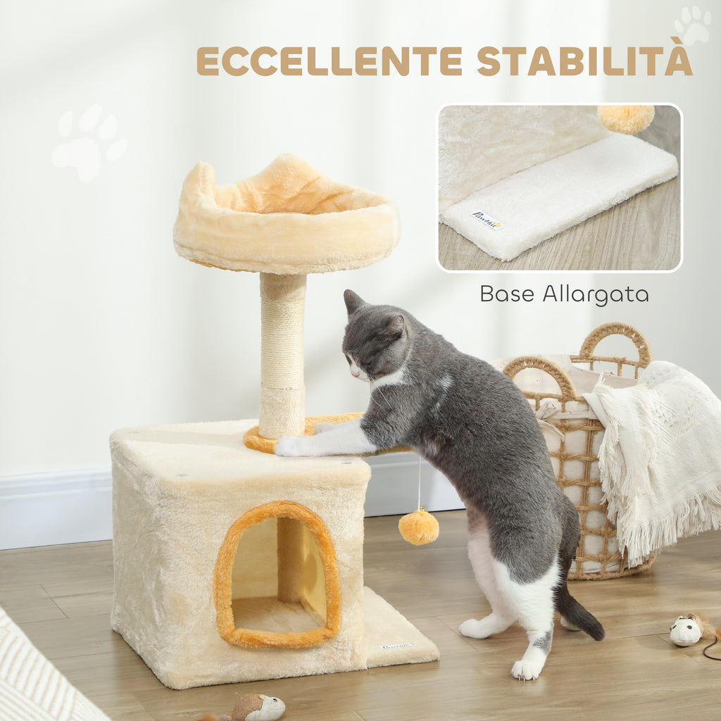 Cat Scratching Tree with Perch and House, Made of Wood, Plush and Sisal, 40x30x72 cm, Beige and Yellow