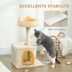 Cat Scratching Tree with Perch and House, Made of Wood, Plush and Sisal, 40x30x72 cm, Beige and Yellow
