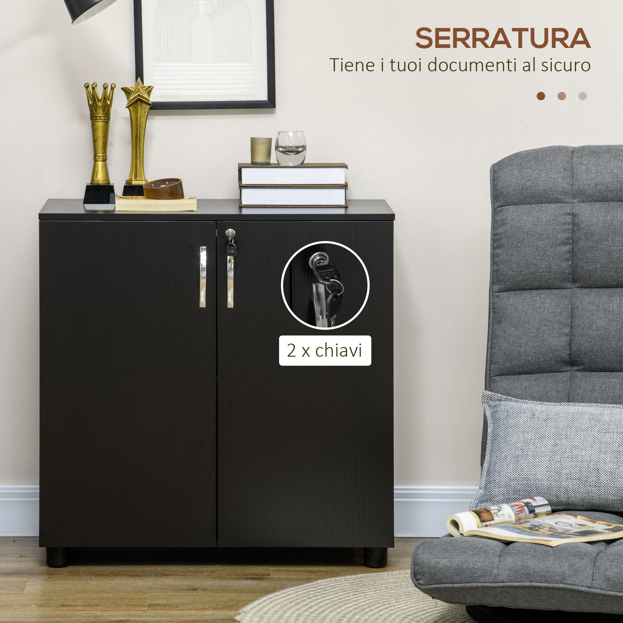 Mobile Office Multipurpose Document Holder with Lock, 2 Doors and Internal Shelf, 80x40x80 cm, Black