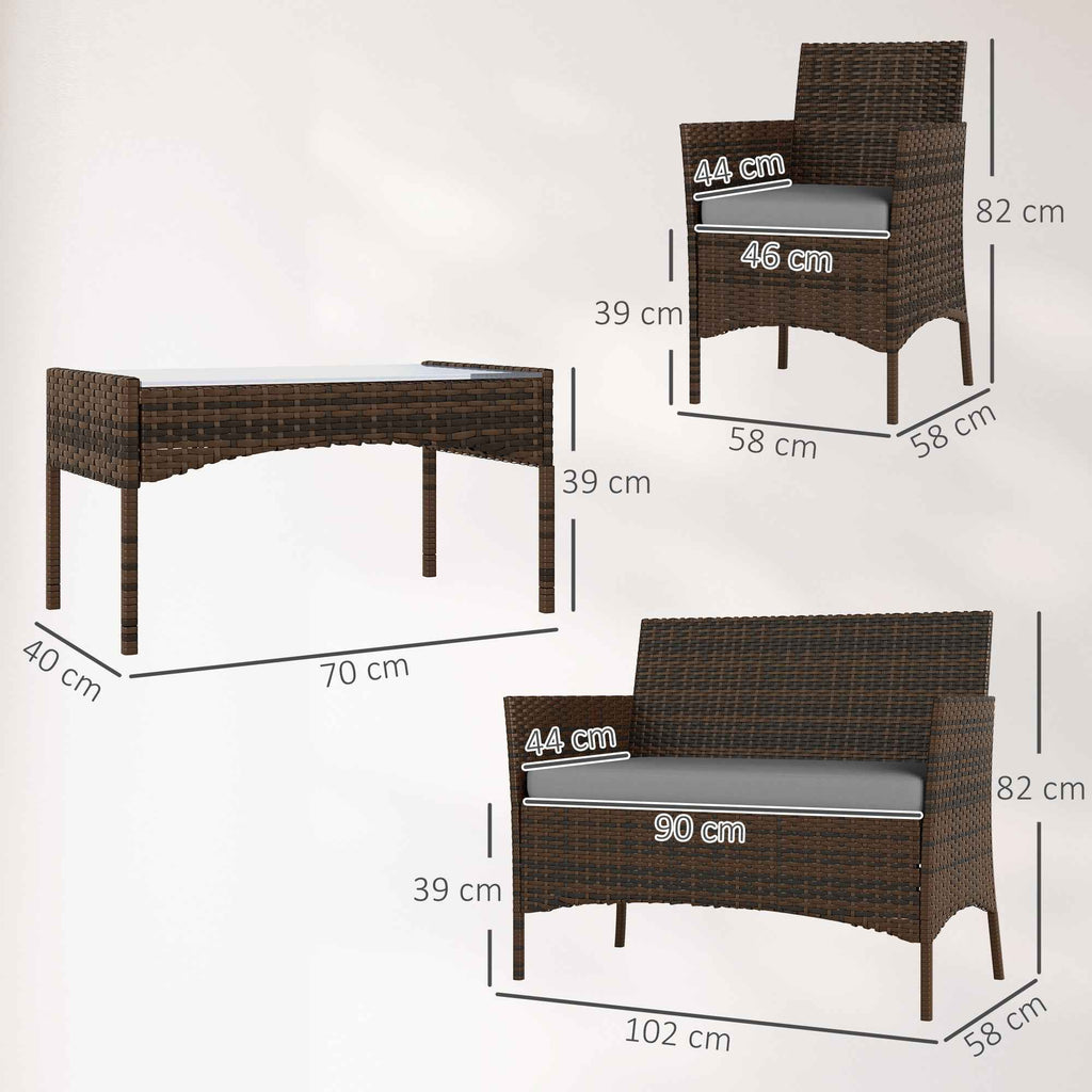 Outsunny 4-Piece Garden Set with 2-Seater Sofa, 2 Chairs and Coffee Table, in Rattan and Steel, Grey and Brown