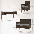 Outsunny 4-Piece Garden Set with 2-Seater Sofa, 2 Chairs and Coffee Table, in Rattan and Steel, Grey and Brown